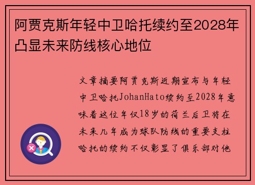 阿贾克斯年轻中卫哈托续约至2028年凸显未来防线核心地位